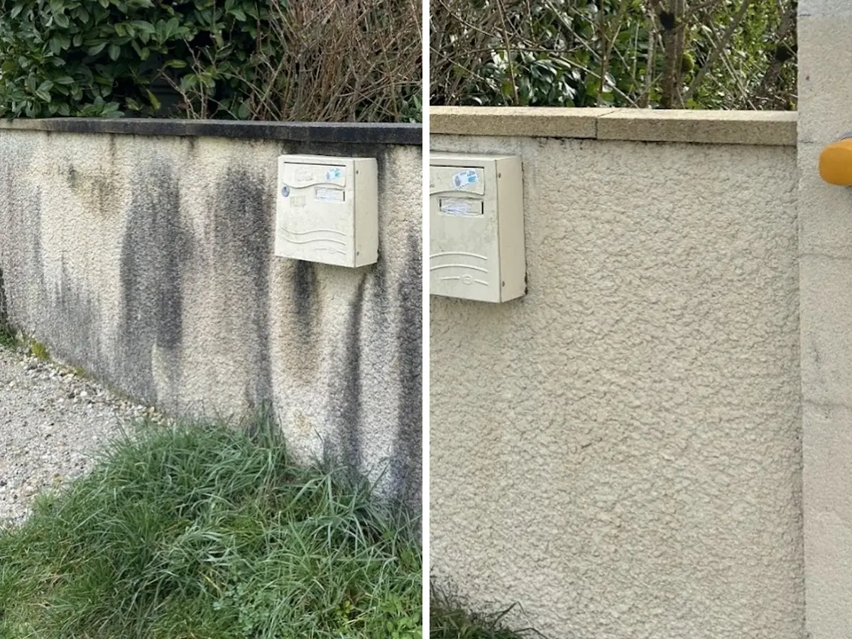 Muret crépi avec boîte aux lettres, couvert de traces noires sous le chaperon, puis le même muret nettoyé, d'un beige uniforme