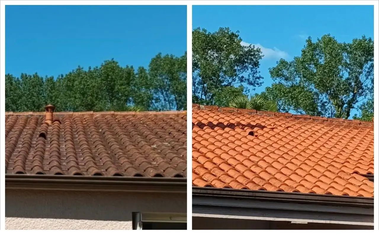 Toiture en tuiles avant et après : à gauche des tuiles brunies et tachées de lichen, à droite les mêmes tuiles nettoyées et traitées, redevenues orange